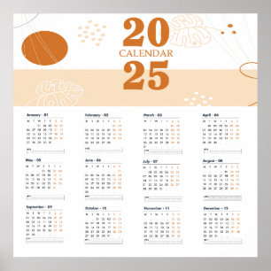 Calendar 2025 flat handdrawn leaves poster