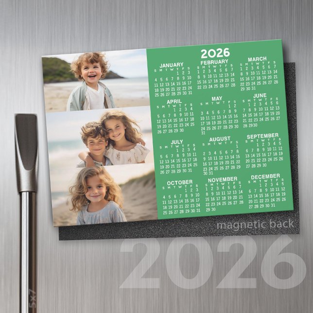 Calendar - 3 Photos - Basic Green White Magnet (2026 Calendar on a Refrigerator Magnet with a Photo Collage)