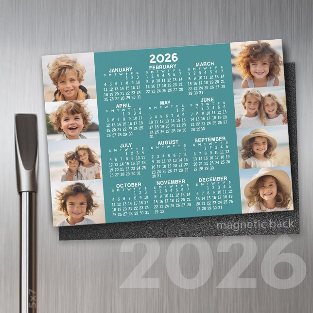 Calendar - 8 Photos Basic Blue White Magnet (2026 Calendar on a Refrigerator Magnet with a Photo Collage)