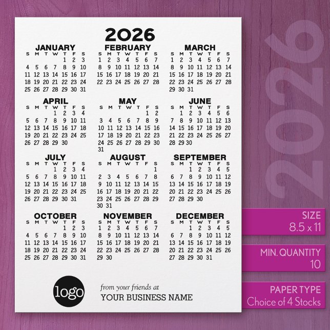 Calendar Black White Business - Holiday  Letterhead (2026 Calendar)