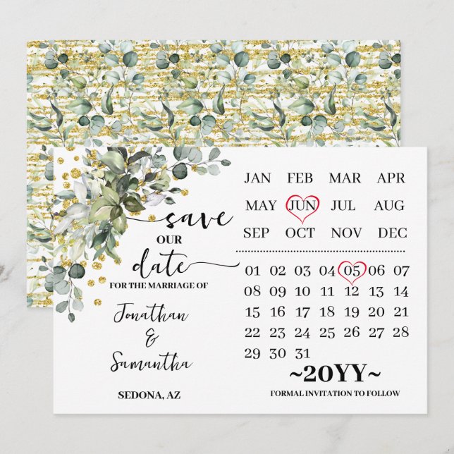 Calendar Eucalyptus Gold Save Our Wedding Date Save The Date (Front/Back)