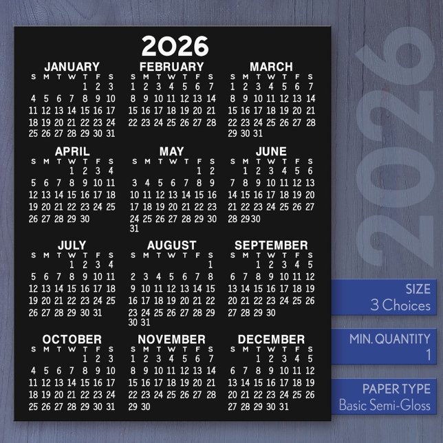 Calendar - Full Year Basic Black Flat Sheet Paper (2026 Calendar)