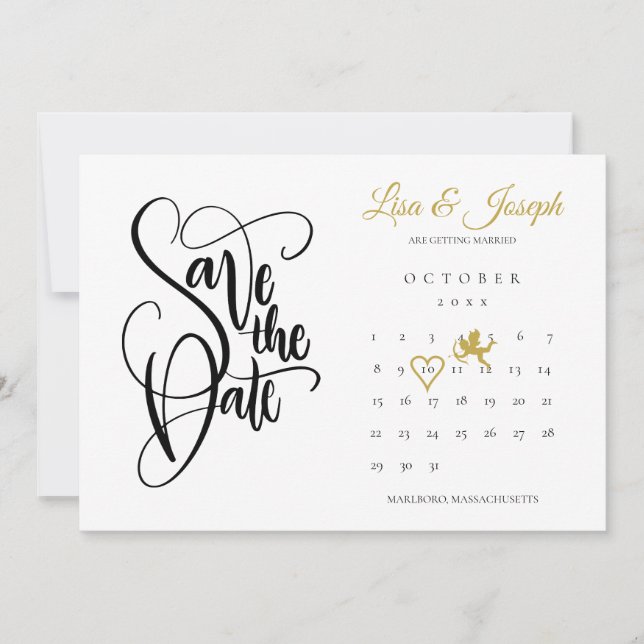 Calendar Gold Cupid Love Heart Save The Date (Front)