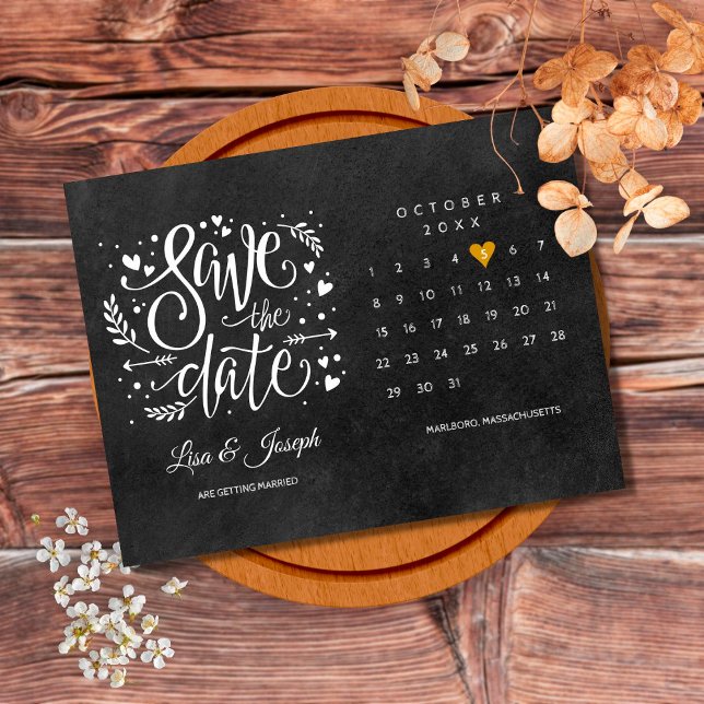 Calendar Gold Heart Chalkboard Save the Date Announcement Postcard (Creator Uploaded)