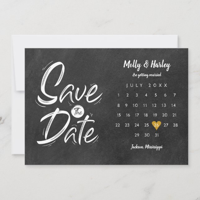Calendar Gold Heart Chalkboard Save the Date Invitation (Front)