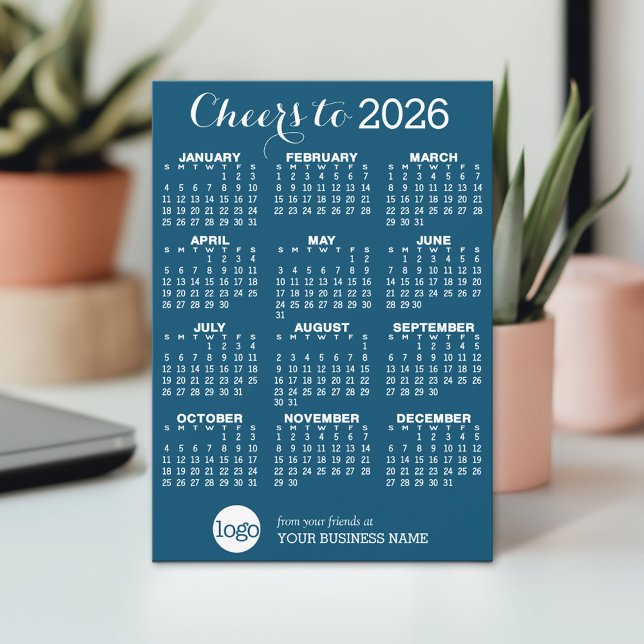 Calendar, Logo - Blue White Business Holiday Card (2026 Calendar on a Holiday Card)