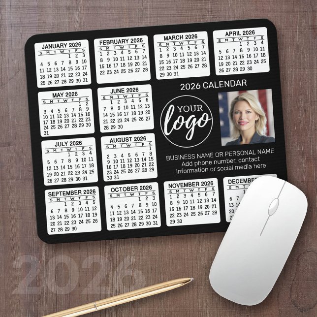 Calendar - logo, photo business mouse pad (2026 Calendar with your logo or photos - Great Business Gift or Home Office Decor)