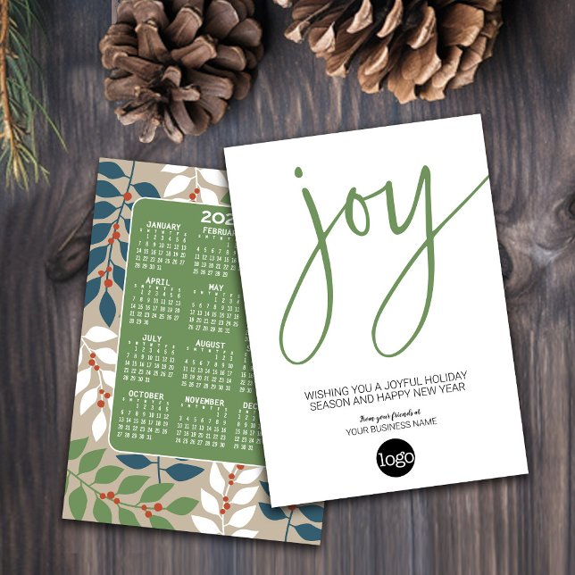 Calendar - Modern JOY blue green - Business Logo Holiday Card (Holiday Card for Your Business - Add a Logo with a Calendar on the back)