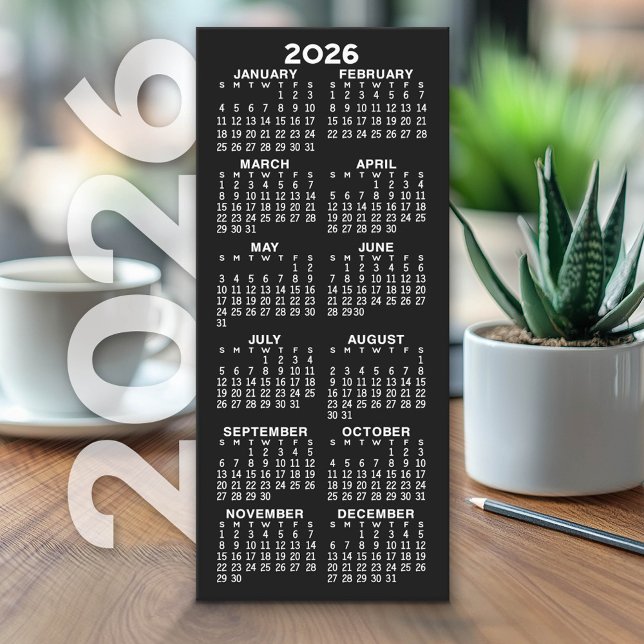 Calendar - Modern Minimal Tall Black White Card (2026 Calendar on Cardstock - Simple, Minimal Design)