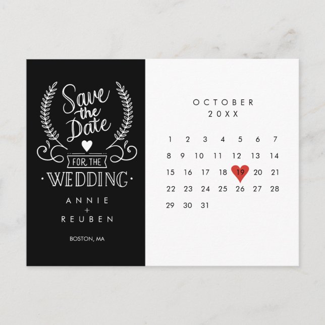 Calendar Red Love Heart Save the Date Postcard (Front)