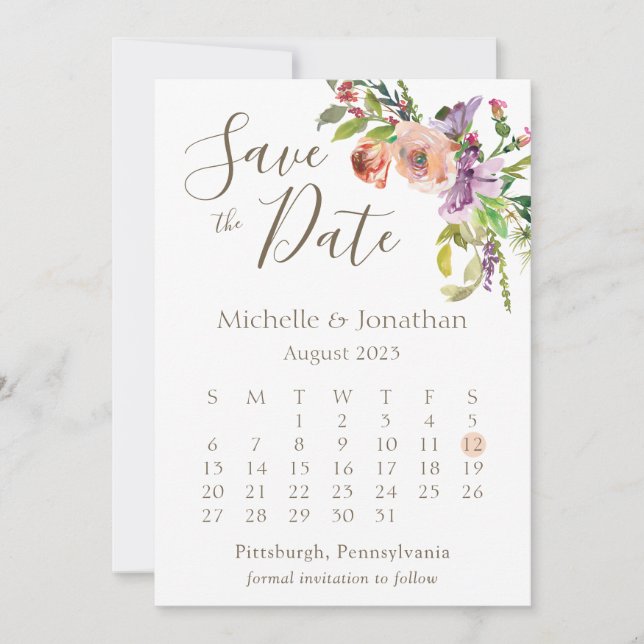 Calendar Sage Green Boho Floral Flowers Wedding Save The Date (Front)