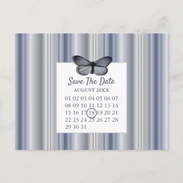 Calendar Save The Date Blue Silver Butterfly Announcement Postcard (Front)