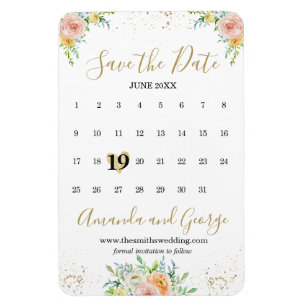Calendar Save the Date Magnet flowers and gold