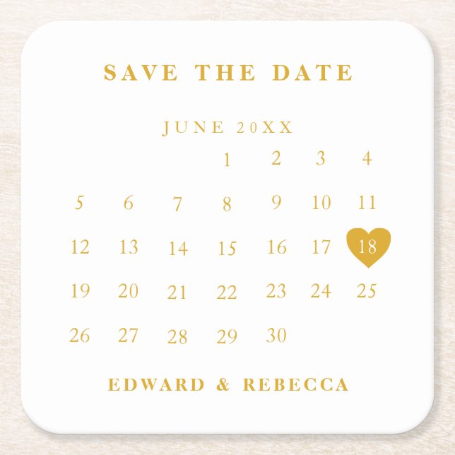Calendar Simple Gold and White Save the Date Square Paper Coaster (Front)