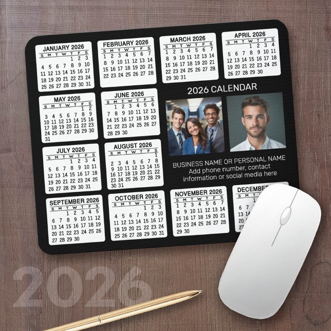 Calendar with 2 Photos and Text - Black White Mouse Pad (2026 Calendar with a Photo Collage on a Mousepad)