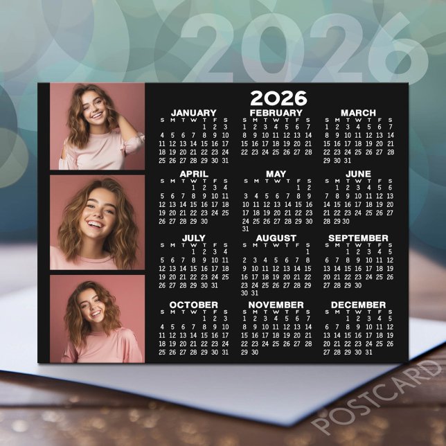 Calendar with 3 Photo Collage - black Postcard (2026 Calendar Postcard)