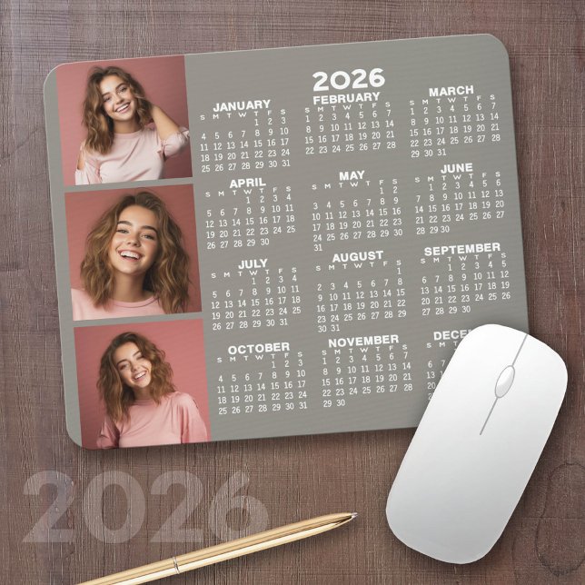 Calendar with 3 Photo Collage - taupe Mouse Pad (2026 Calendar with a Photo Collage on a Mousepad)