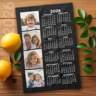 Calendar with 4 Photo Collage Black Kitchen Towel