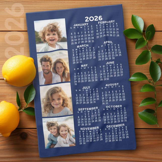 Calendar with 4 Photo Collage - Navy Blue Kitchen Towel (2026 Calendar)