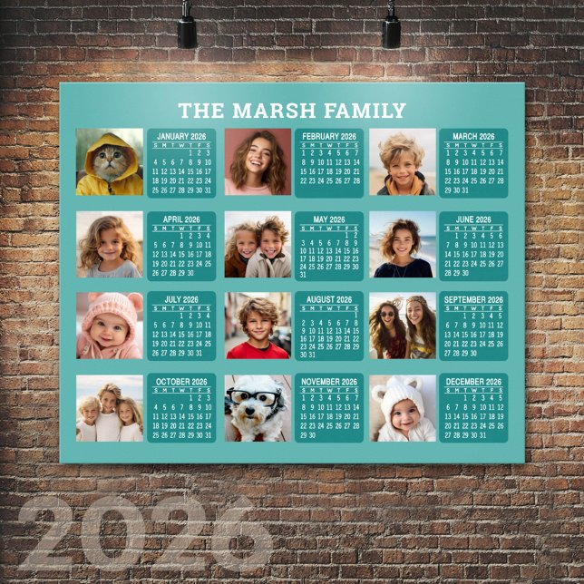 Calendar with a Picture for Each Month - Aqua Poster (2026 Calendar Poster)