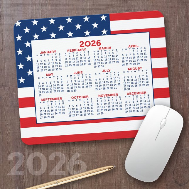 Calendar with American Flag - Red White Blue Mouse Pad (2026 Calendar)