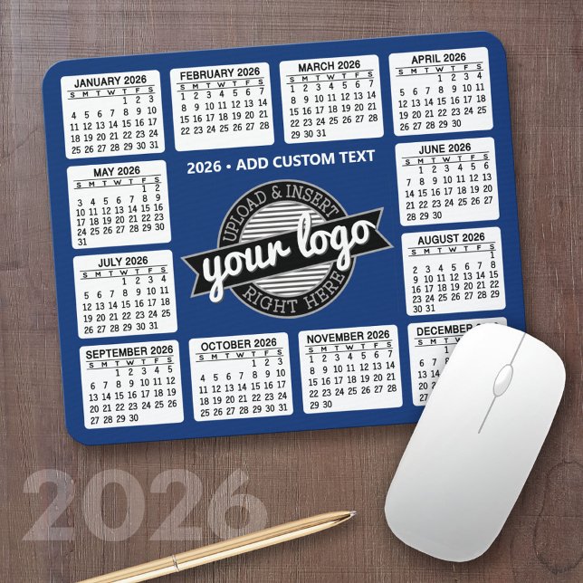 Calendar with logo and Text - Blue and White Mouse Pad (2026 Calendar Mousepad)