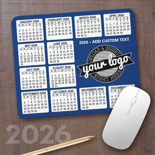Calendar with logo and Text - Blue and White Mouse Pad (2026 Calendar Mousepad)