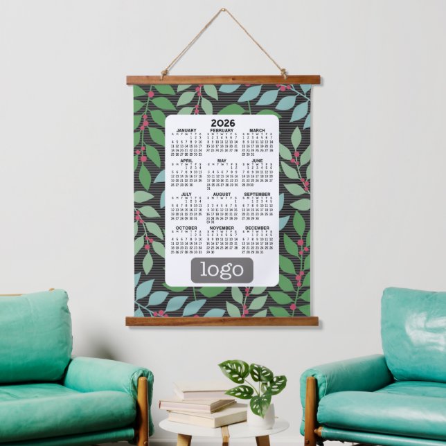 Calendar with Logo - Botanical Blue Green Hanging Tapestry (Living Room)