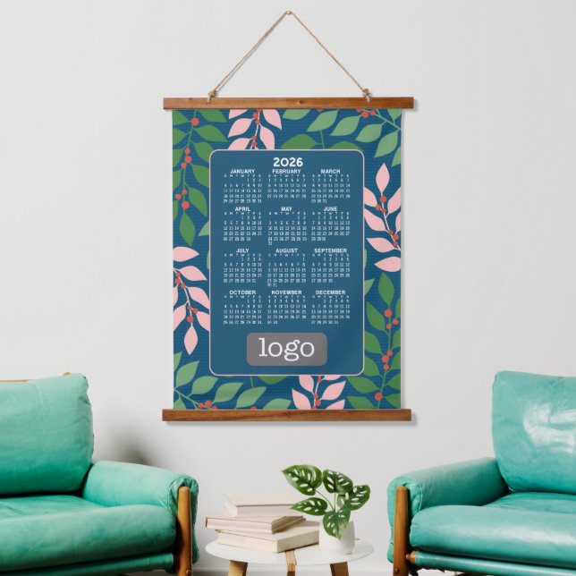 Calendar with Logo - Botanical Blue Peach Hanging Tapestry (Living Room)