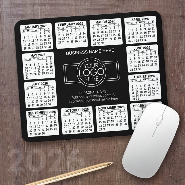 Calendar with logo, Contact Information Black Mouse Pad (2026 Calendar with your logo - Great Business Gift or Home Office Decor)