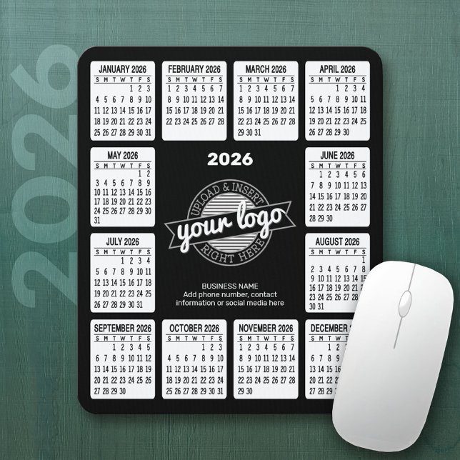 Calendar with logo Contact Information Black White Mouse Pad (2026 Calendar Mousepad)
