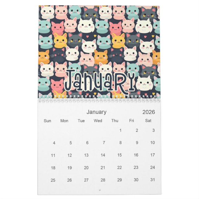 Calendrier 12 Cat Cute Motif Design sans couture (Jan 2026)