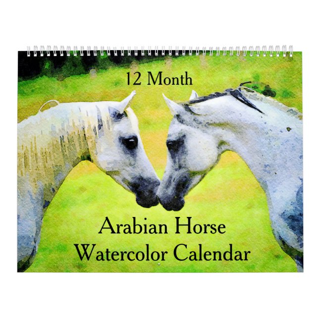 Calendrier 12 Mois de cadeaux d'aquarelle de Chevaux arabes f (Protection)