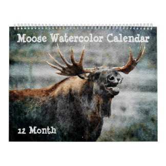 Calendrier 12 Mois - Moose Watercolor Peinture Art de la faun