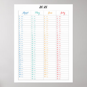 Calendrier 2020 Poster coloré Avec Quatre Mois
