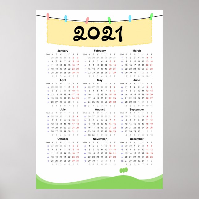 Calendrier 2021 Poster - Lundi début (Devant)