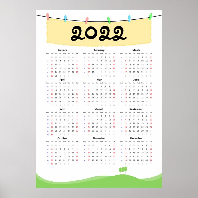 Calendrier 2022 Affiche - Début dimanche (Devant)