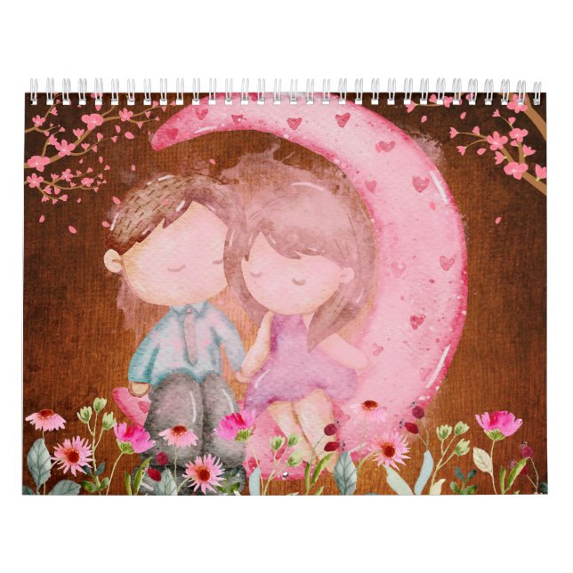 Calendrier 2024, Amour, Aquarelle, Papiers Vintage (Protection)