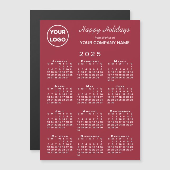 Calendrier 2025 Business Logo Red Holiday Magnet (Devant / Derrière)