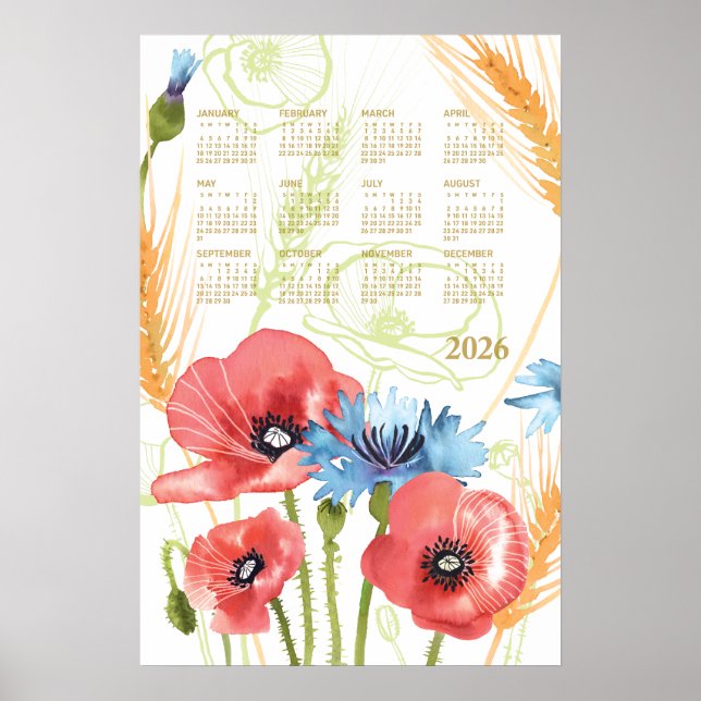 Calendrier 2026 Affiche Poppy Aquarelle (Devant)