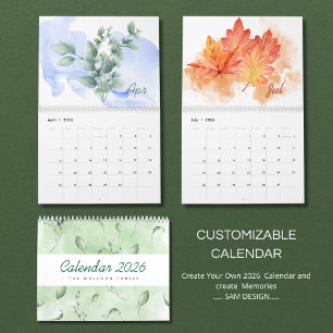 Calendrier 2026 des feuilles à l'aquarelle Natur