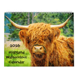 Calendrier 2026 Highland Cow Cattle Cute Watercolor Paintings