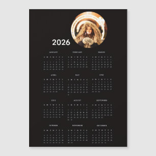 Calendrier 2026 noir Carte photo magnétique ronde