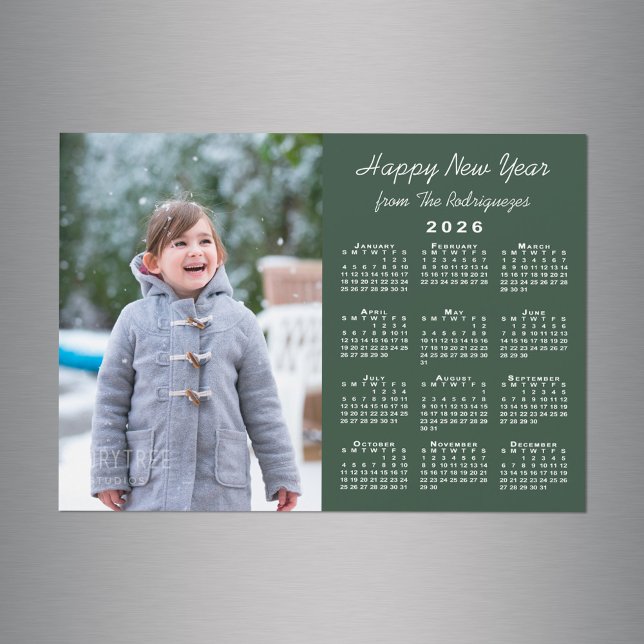 Calendrier 2026 Photo Bonne année Magnet vert (2026 Calendar Photo Happy New Year Green Magnet in situ)