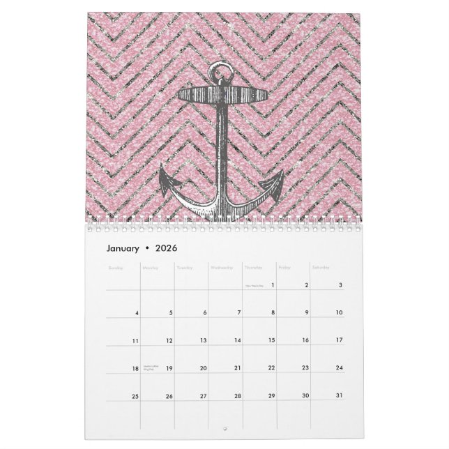 Calendrier Ancre argentée rose Girly de motif de Chevron de (Jan 2026)
