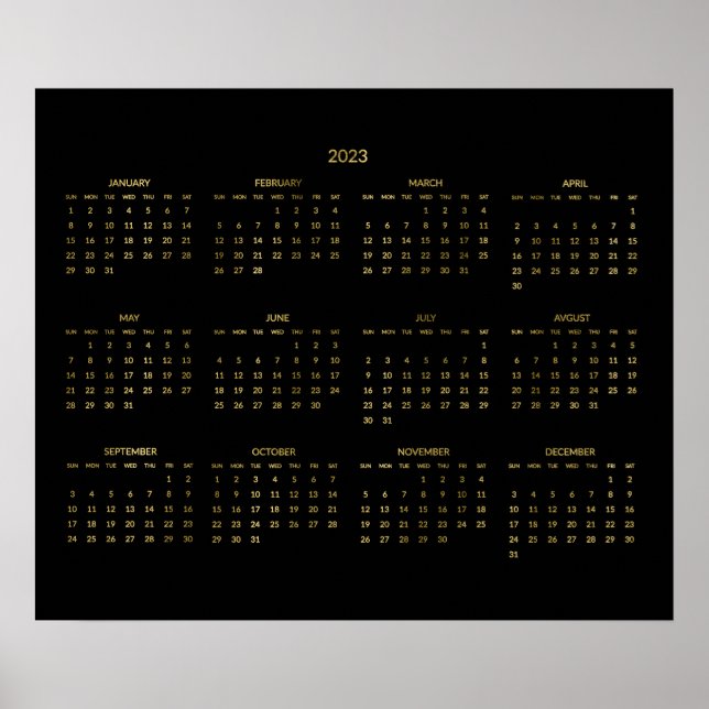 Calendrier annuel 2023 Affiche Faux Or et Noir (Devant)