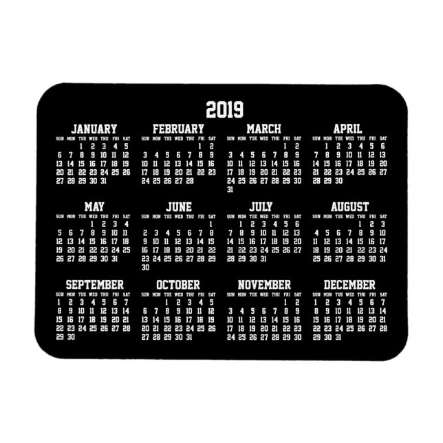 Calendrier annuel noir 2019 petits Magnets flexibl (Horizontal)