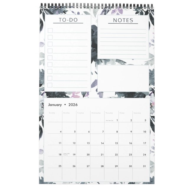 Calendrier Aquarelle florale nocturne annuel Planificateur me (Jan 2026)