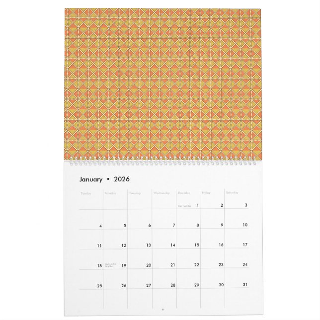 Calendrier arrière - plan orange et jaune avec motif (Jan 2026)