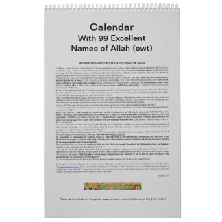 Calendrier avec 99 noms d'Allah (swt) - Dieu